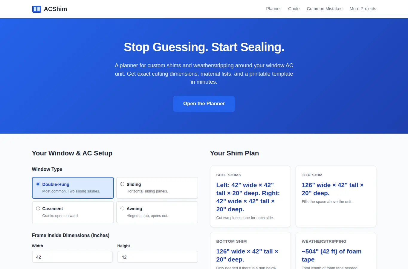 Screenshot of ACShim: Window Air Conditioner Shim & Seal Planner interface showing the project page in use